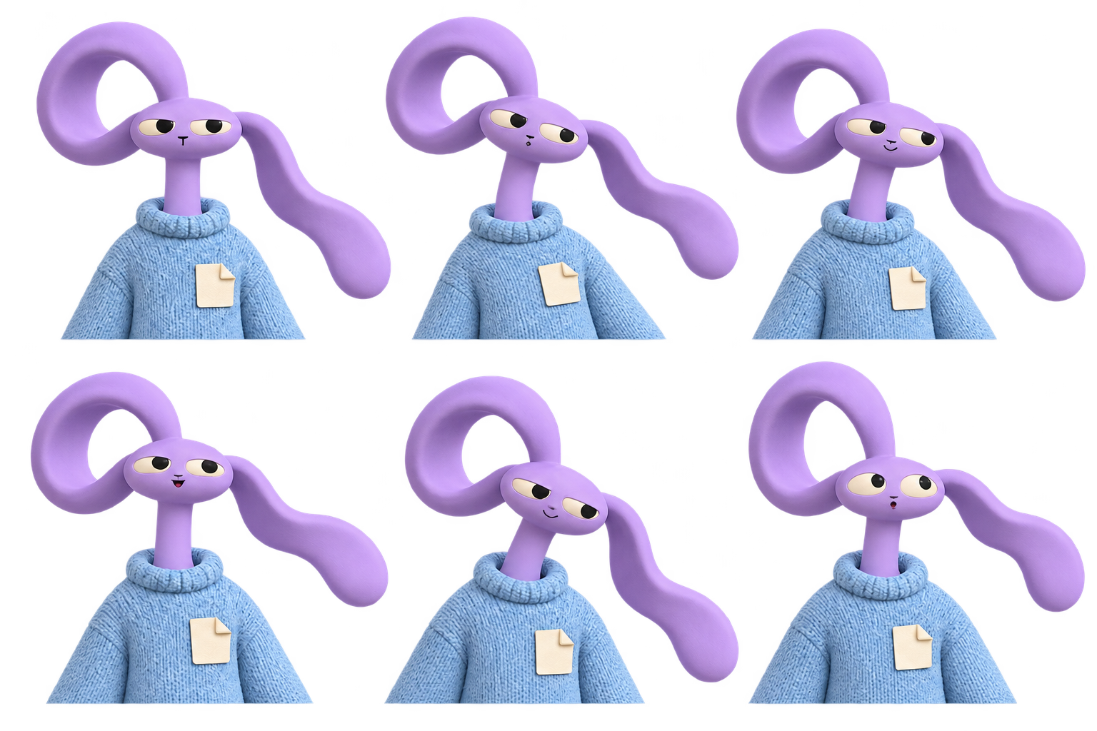 Loop six-expression atlas; complete illustration, no atlas cells cropped.