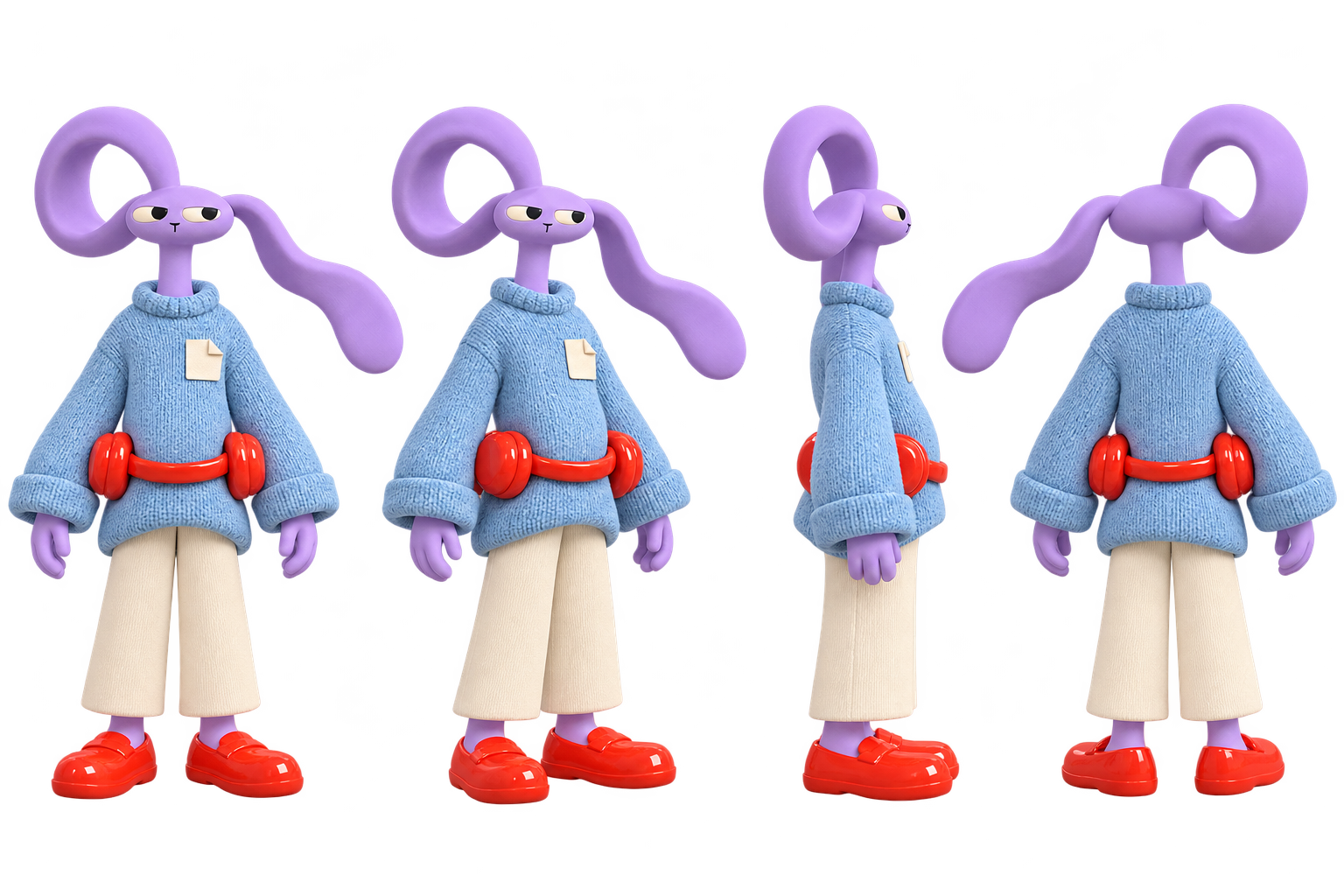 Four views of Loop, showing the loop and S ears, headphone belt and knit outfit.