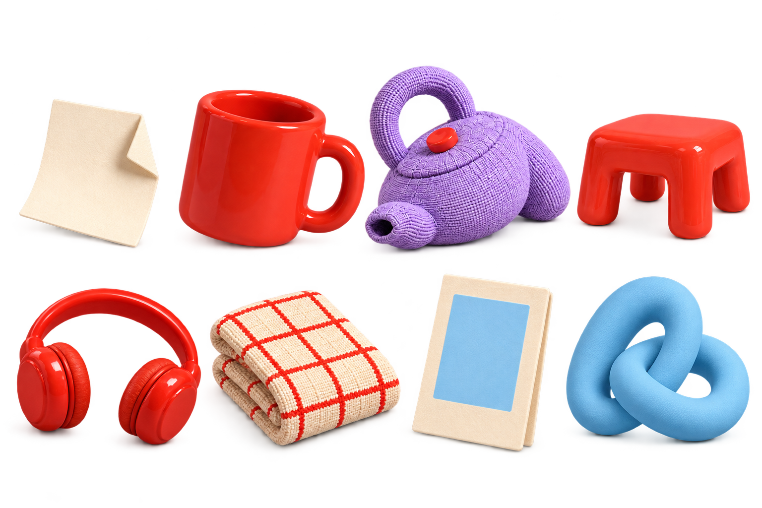 Eight separate everyday objects arranged in a complete two-row atlas.