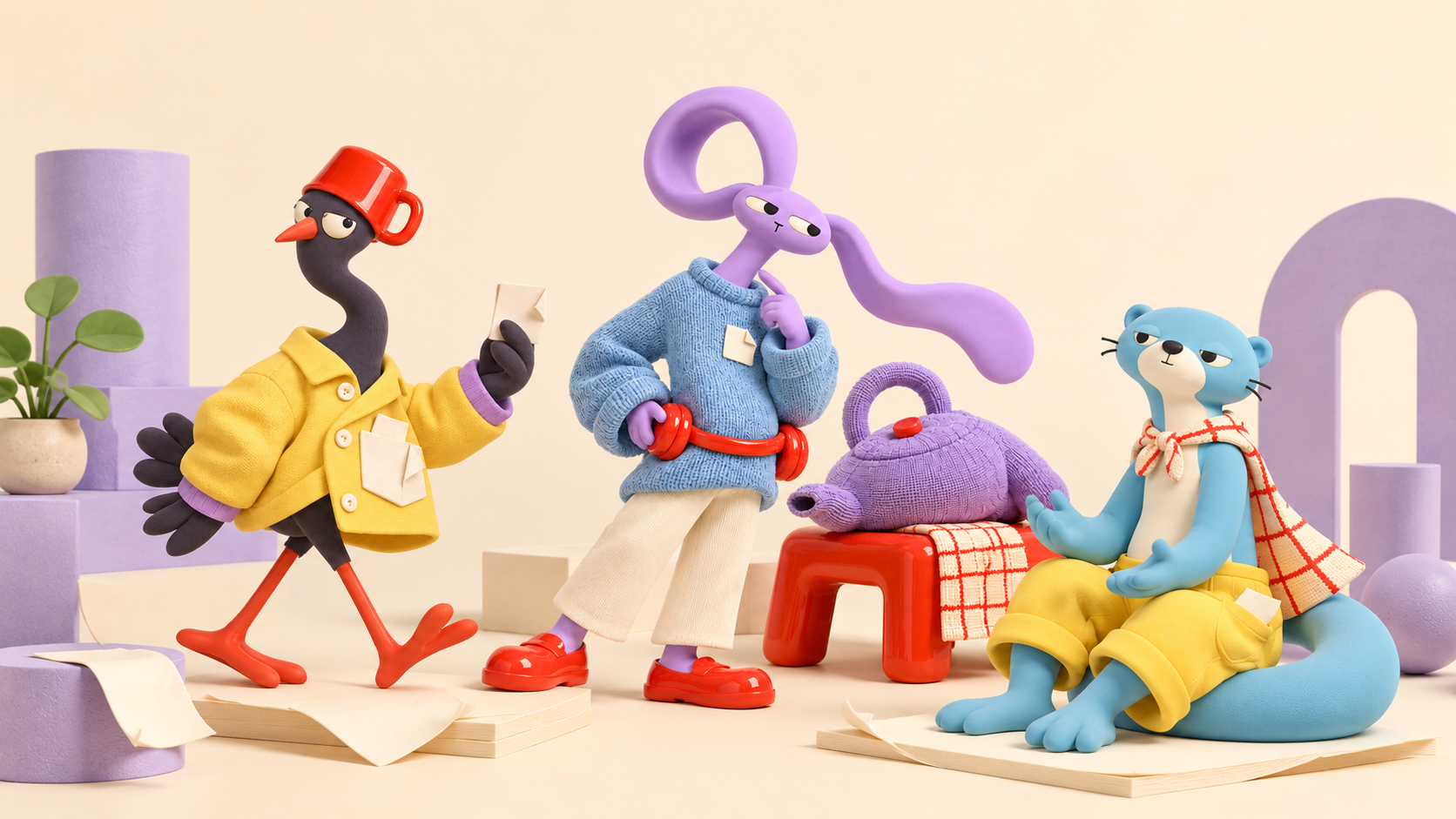 Doff the cup-cap bird, Loop the loop-eared rabbit and Twill the otter in a backwards apron hang out on a cream stage.