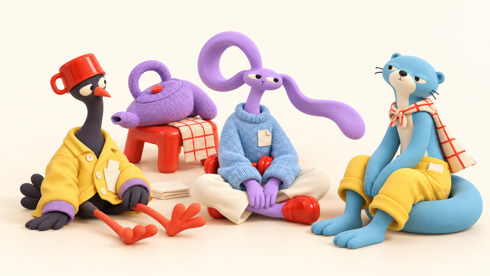 Doff, Loop and Twill relax together beside a lilac knitted kettle.