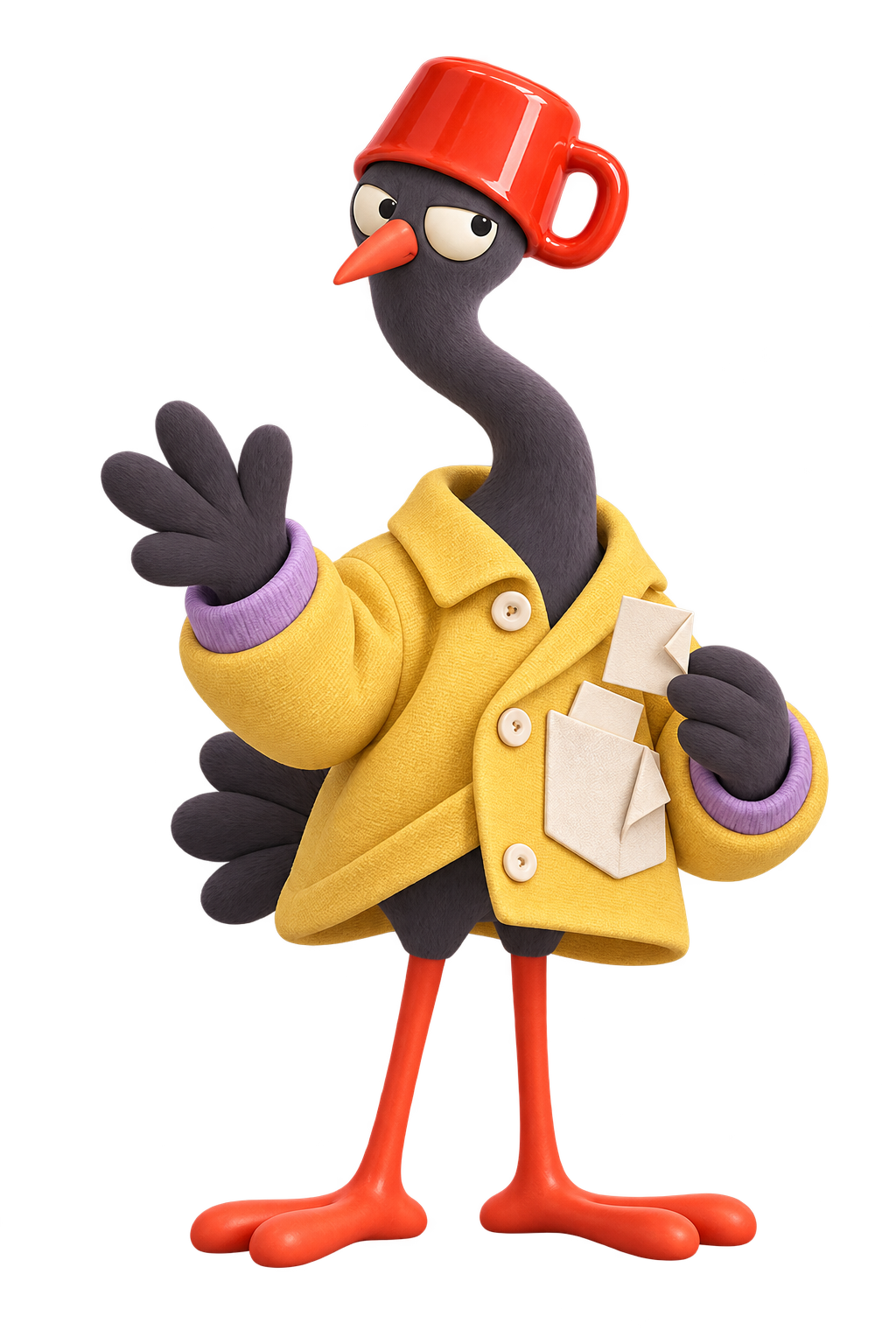 Doff, with a red cup hat, long charcoal neck and oversized yellow jacket.