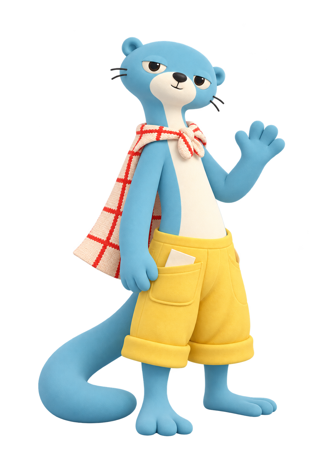 Twill, a blue otter with yellow shorts and a red-grid kitchen apron worn backwards.