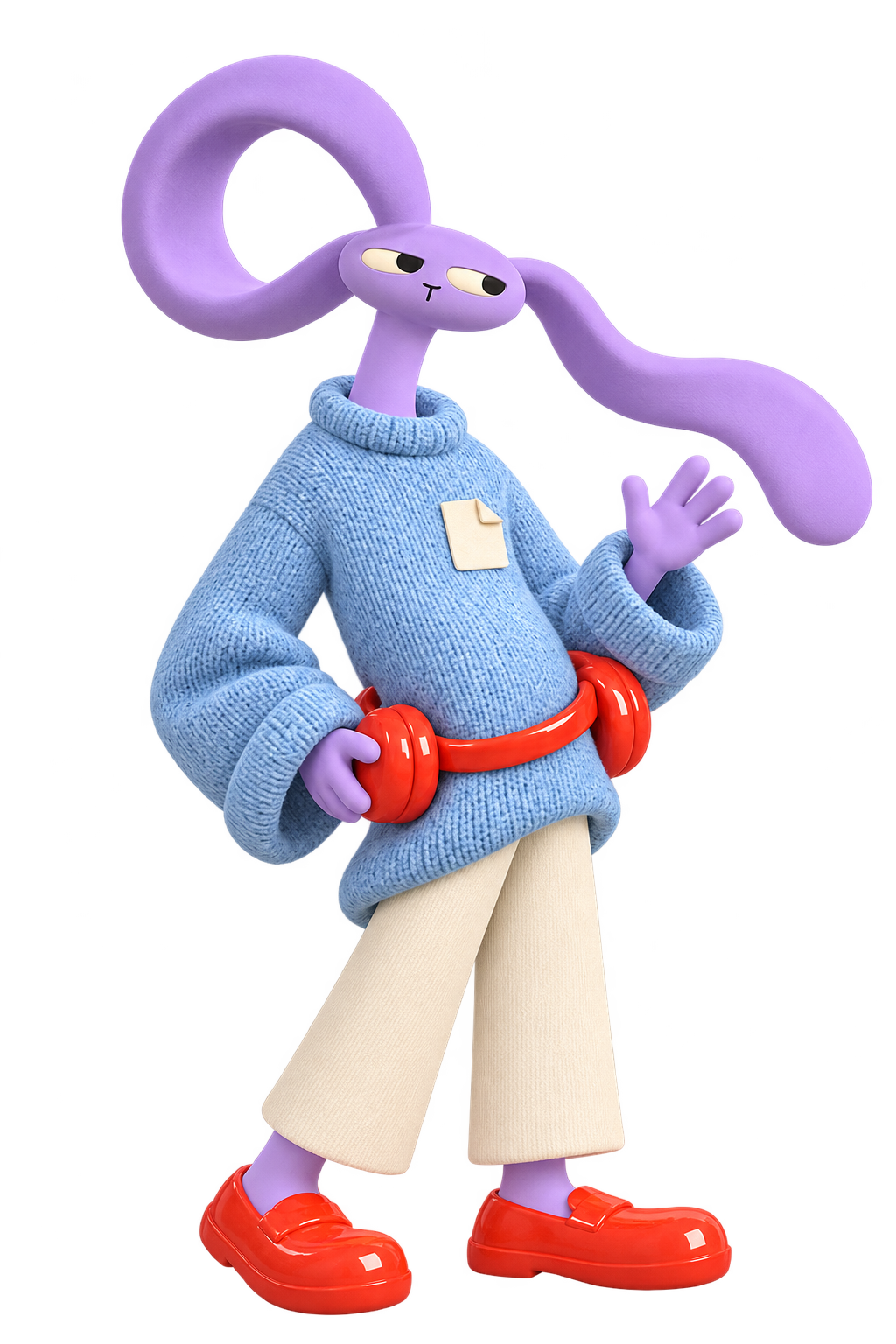 Loop, with one open-loop ear, a blue knit sweater and red headphones worn as a belt.