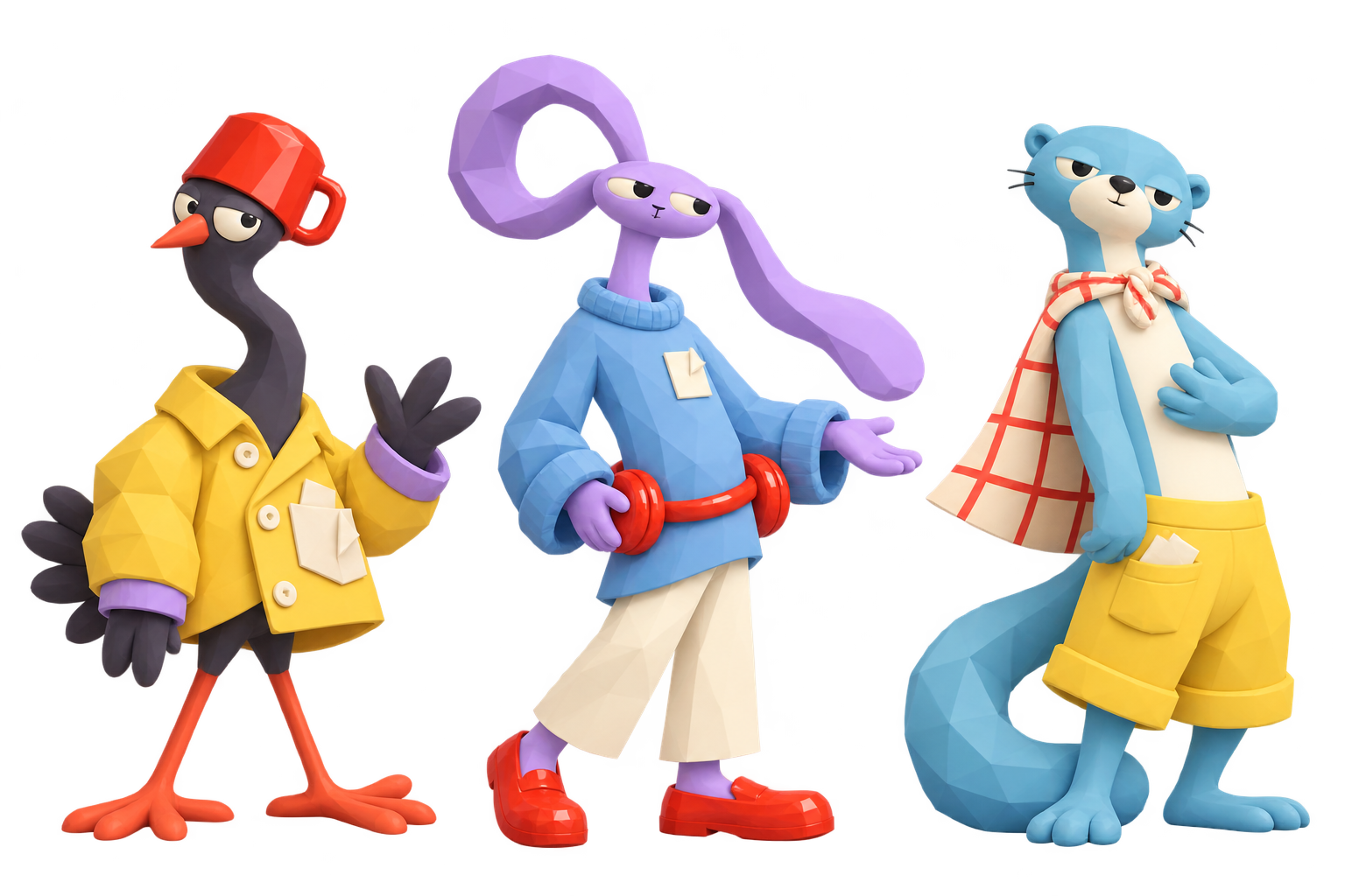 Faceted low-poly translation of the same three characters.